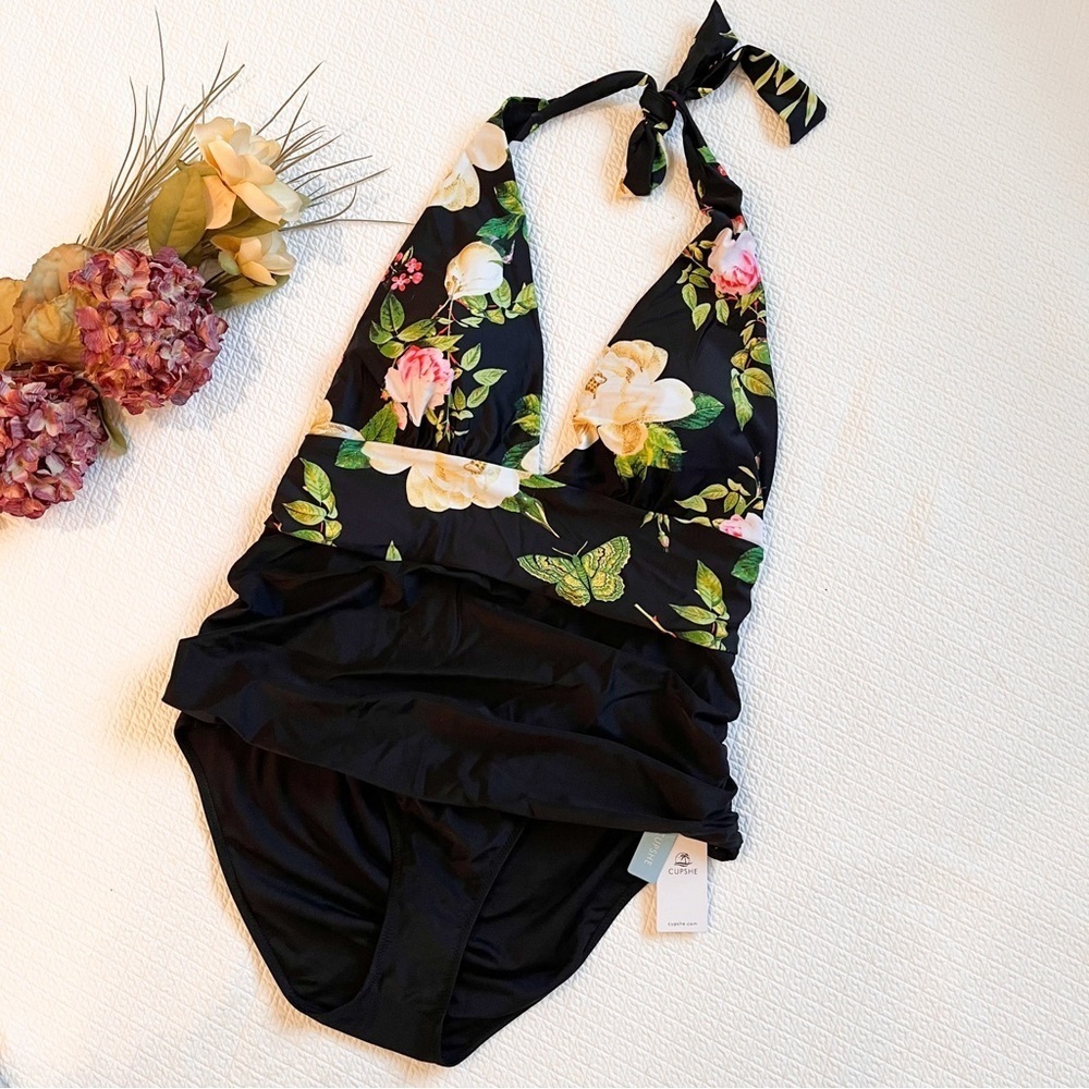 NWT Cupshe 3X Floral Tummy Control Halter Top One Piece Swimsuit